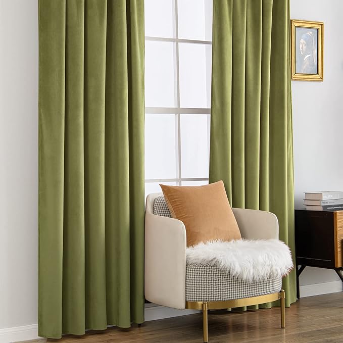 MIULEE Velvet Curtains 108 inches Long 2 Panels - Luxury Room Darkening Curtains for Bedroom Living Room Thermal Insulated Noise Reducing Super Soft Window Drapes Rod Pocket & Back Tab, Moss Green