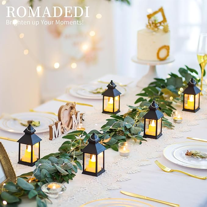 Romadedi Mini Lanterns Decorative for Centerpiece - 10 PCS Hanging Small Black Lantern Bulk with Flickering LED Candles for Halloween Decorations Wedding Decor Christmas Table, Batteries Included