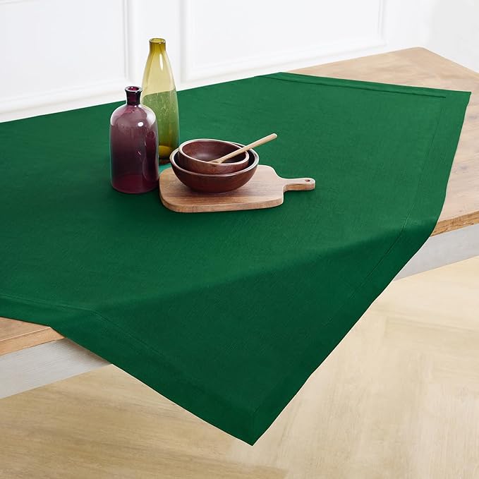 Solino Home Linen Tablecloth 52 x 52 Inch - 100% Pure Linen Christmas Green Square Tablecloth - Fete, Machine Washable Table Throw for Thanksgiving