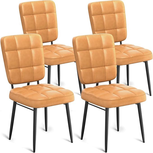 Leather Dining Chairs Set of 4, Upholstered Dining Room Kitchen Chairs with Thick Cushion, High Backrest, Metal Legs, Mid Century Modern Side Chair for Living Room Restaurant, Turmeric Brown