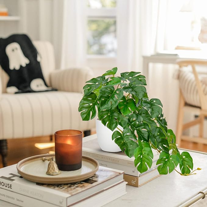 DILATATA Fake Plants Indoor 9 Inch Artificial Monstera Plant in White Plastic Pot - Faux Potted Tropical Palm Plant for Home Aesthetic Decor Living Room Shelf Office