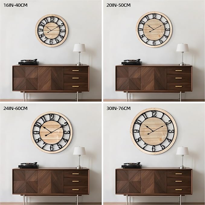LEIKE 24 Inch Large Wall Clock - Rustic Wooden Silent Non-Ticking Wall Clock with Black Metal Frame, Vintage Farmhouse Decorative for Living Room, Bedroom, Kitchen - Arabic Numerals, Modern Design