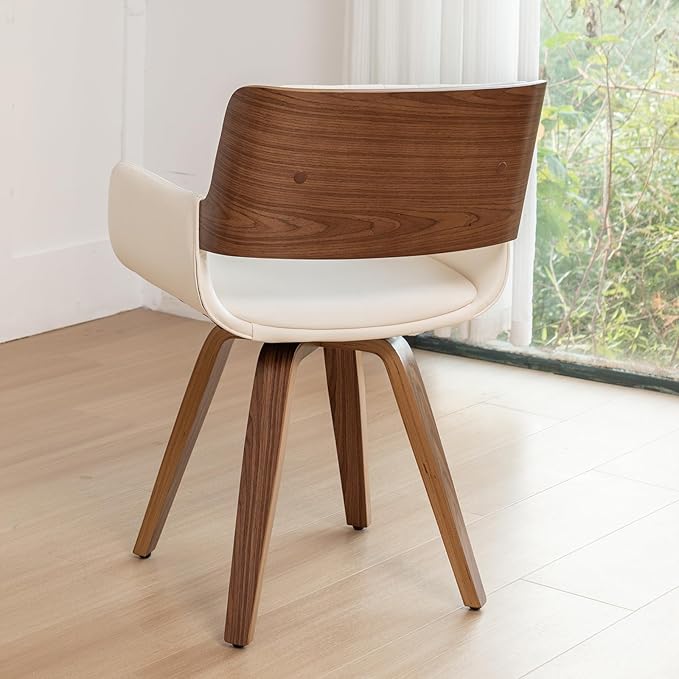 LUNLING Swivel Accent Faux Leather Dining Chairs Set of 2, Mid Century Modern Chairs with Wooden Legs/Armrest/Upholstered Seat/Adjustable Foots for Kitchen Dining Room Desk Chairs,Beige