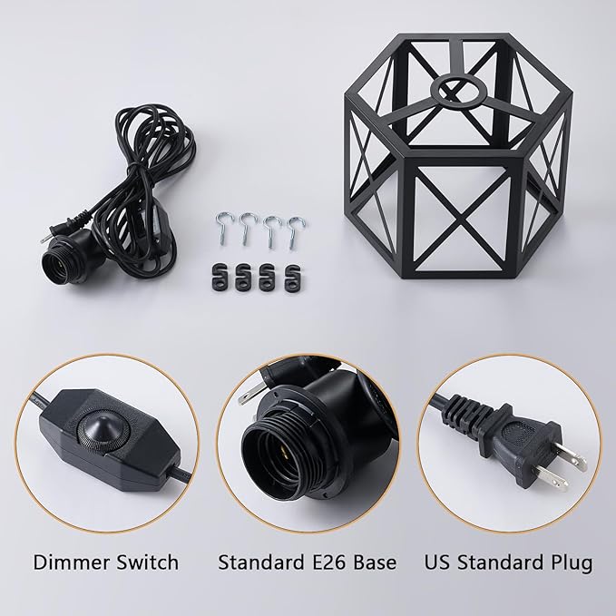 2 Pack Plug in Pendant Light, Farmhouse Black Hanging Lights with Plug in Cord, 16.4FT Hexagonal Metal Plug in Hanging Lamp Kit, Dimmable Ceiling Light Fixture for Kitchen Island Hallway