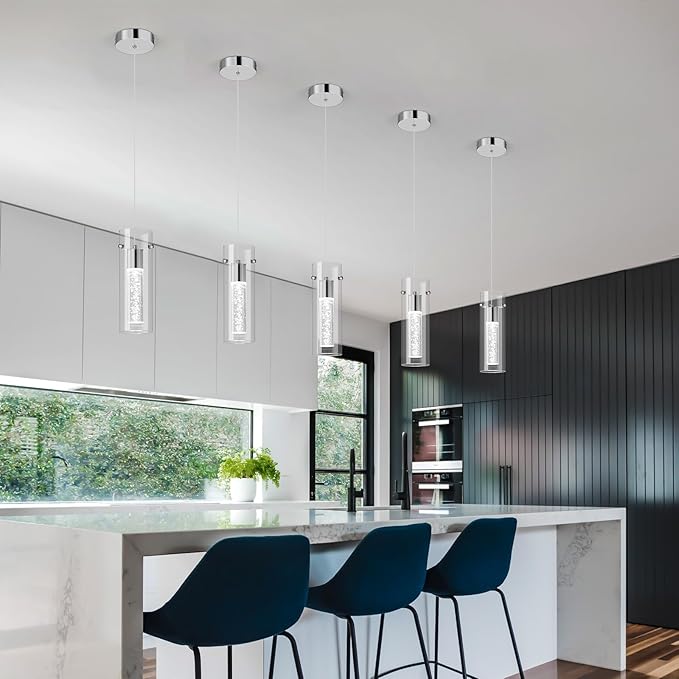 Pendant Ceiling Light Fixture for Kitchen Island, Chrome Pendant Light Integrated LED Hanging Light with Crystal Bubble Glass Pendant Light Modern Pendant Lights Kitchen Island (2-Pack)