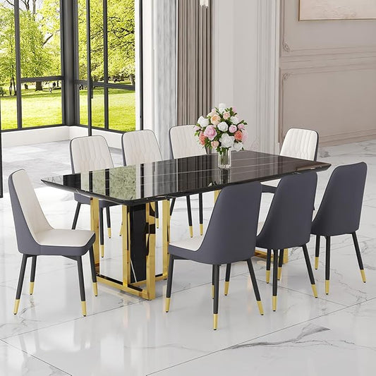TesNus 79" Black Dining Table Set for 8 with Chairs,Large Faux Marble Kitchen Table and Chairs Set Rectangular 9 Piece Dining Room Set with Gold Metal Legs,Easy Assemble,Stable Base