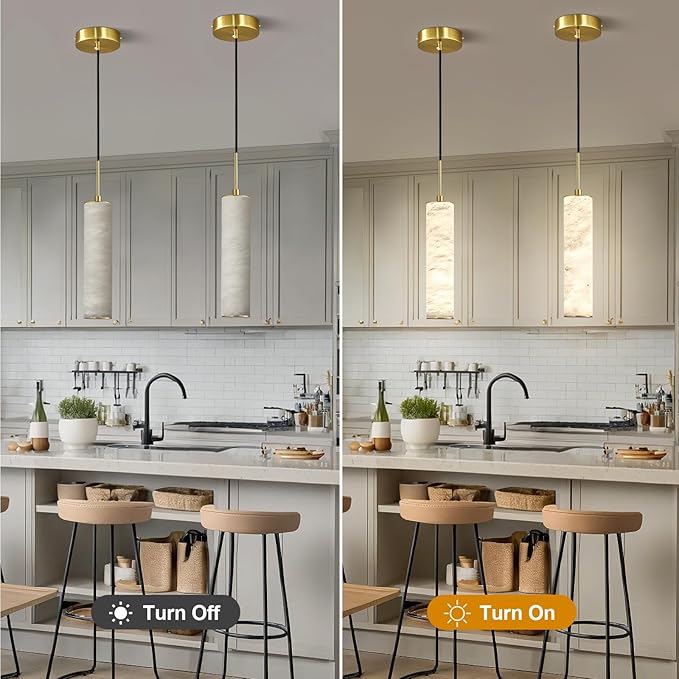 LMQNINE Natural Alabaster Pendant Lights for Kitchen Island White Marble Long Tube Chandelier Modern Gold Ceiling Light Fixtures for Bedroom Dining Room Table Living Room Hallway(S-2Pack)