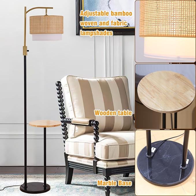 Dimmable Floor Lamp with Table and Marble Base, Arc Floor Lamp with Bulb, Boho Farmhouse Standing lamp with Fabric & Bamboo Shades for Living Room Bedroom