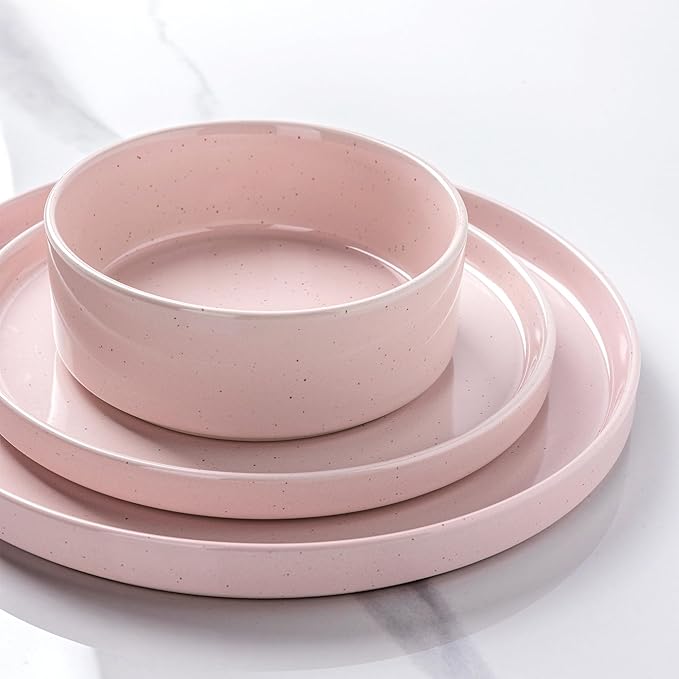 GBHOME Dinnerware Set for 4, 12 Piece Speckled Plates and Bowls Set with Glazed Bottom, Chip & Scratch Resistant Stoneware Plates Sets, Dishwasher & Microwave Safe Dishes (Pink, Service for 4)