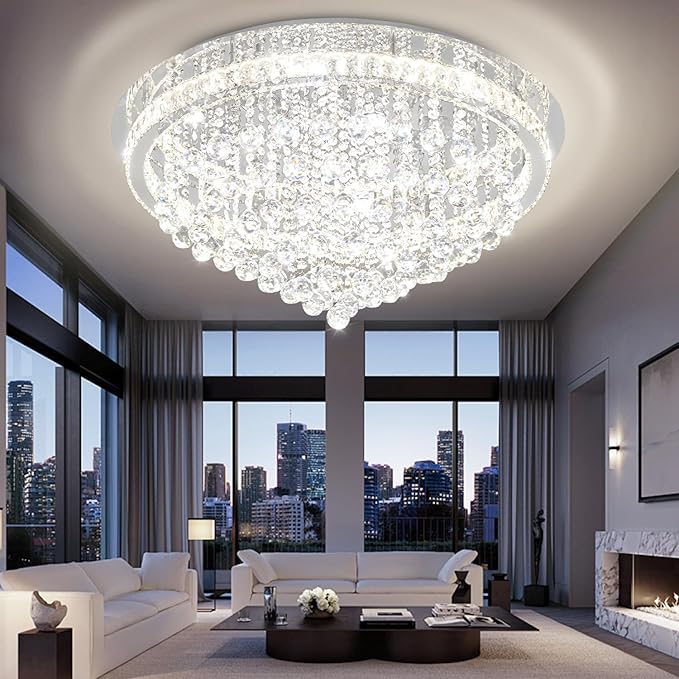 Dia 32" Modern Crystal Chandeliers for Living Room LED Dimmable Raindrop Chandelier Silver Ceiling Pendant Light with Remote Flush Mount Crystal Ceiling Light for Dining Room Bedrooms Foyer