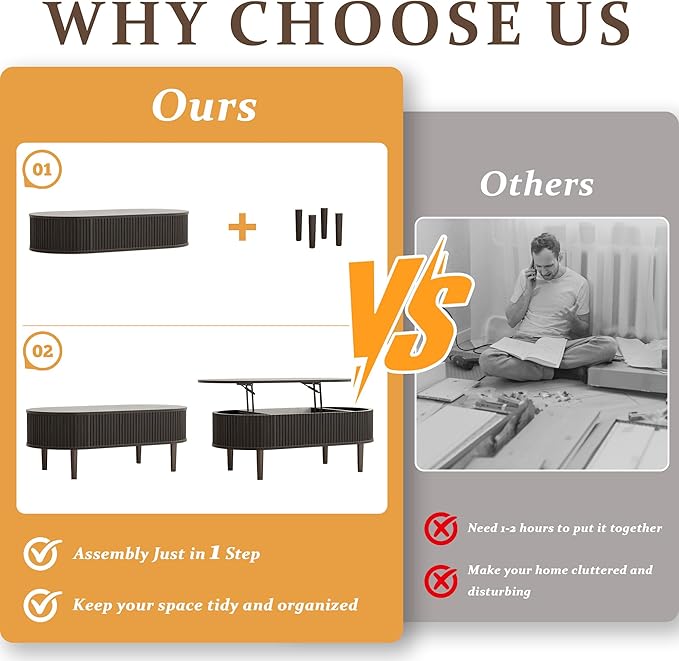 EAG Fluted Lift Top Coffee Table with Hidden Compartment, 39 Inch Modern Oval Coffee Table with 3 Storage, Fully Wooden Assembled Center Table for Living Room, Office, Black