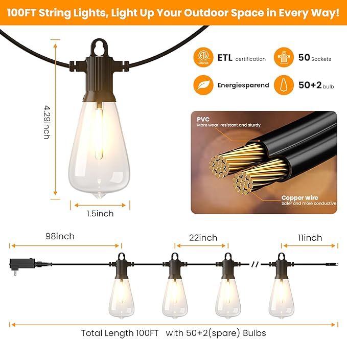 Kawaya Outdoor String Lights for Patio - ST38 Outside IP64 Waterproof Hanging Light with 2700k~6000k Dimmable - 100FT Led Edison Lights for Cafe Bistro Yard Gazebo Porch
