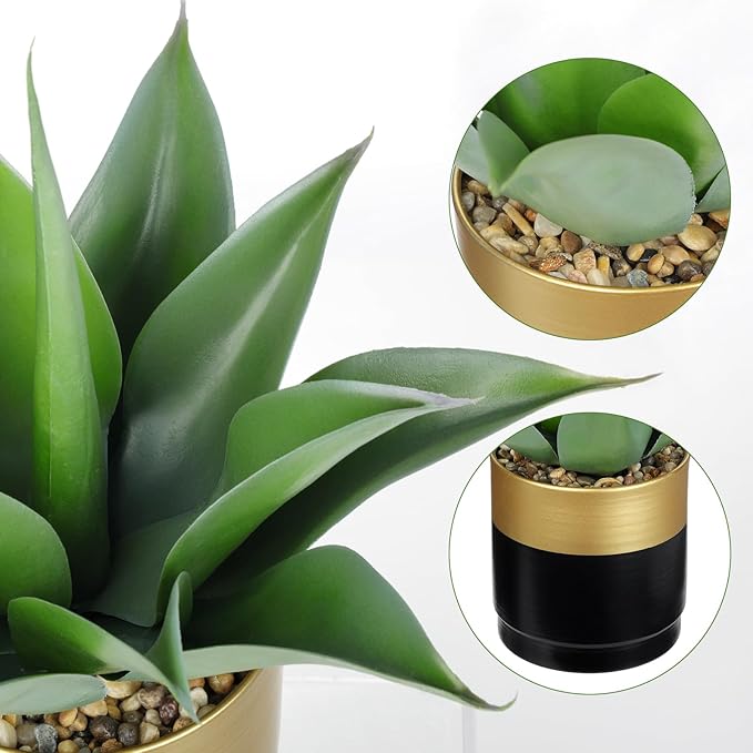 Briful Artificial Agave Plant in Black and Gold Metal Pot, 13 Inch Tall Fake Succulent Potted Plants with Wide Gray-Green Leaves, Faux Houseplant for Modern Home Office Shelf Decor
