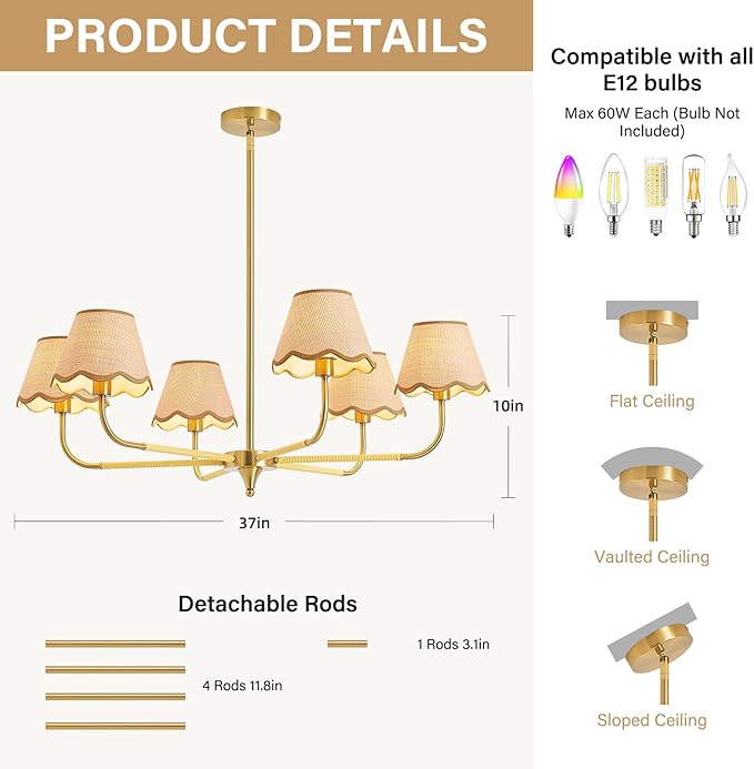 6-Light Boho Rattan Chandelier for Dining Room,37" Farmhouse Chandeliers Light Fixture,Adjustable Height Hanging Pendant Lighting Fixtures for Kitchen Island,Large Hand-Woven Ceiling Lights