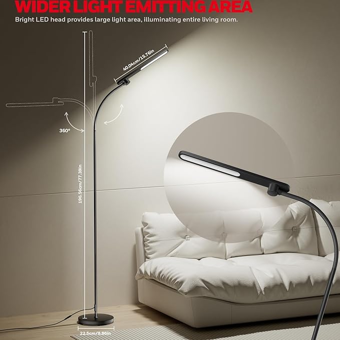 Honeywell LED Floor Lamp, F4 Sunturalux™ Gooseneck Floor Lamps for Living Room, Super Bright Stepless Dimmable Tall Standing Lamp, Modern Eye-Caring Reading Floor Lamp for Bedroom Office Study