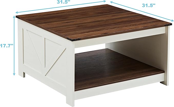 Farmhouse Coffee Table for Living Room, Wood Square Coffee Tables, 31.5" D x 31.5" W, Antique White