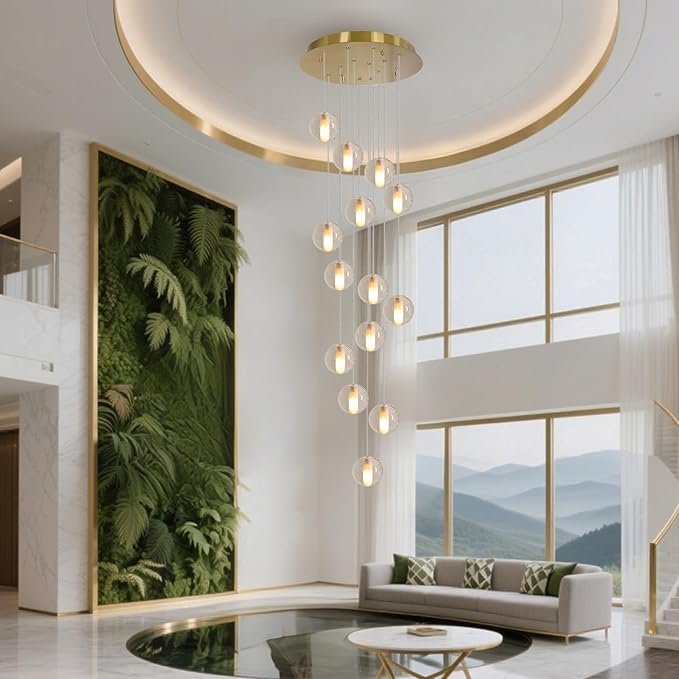 Gold 14 Lights Bubble Staircase Chandelier for High Ceiling, Dimmable Modern Crystal Raindrop Large Long Hanging Pendant Light for Stairwell Living Room Stair Foyer, Bulbs Included