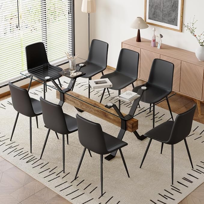 9 Piece Glass Dining Table Set, Kitchen Table Chairs Set for 8, 71'' Dining Table with 0.4" Tempered Glass Tabletop with Plated Metal Legs and MDF Crossbar, 8 PU Chairs for Dining Room, Kitchen.