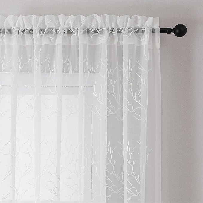 VISIONTEX Sheer Curtains 72 inch Length 2 Panels Set, Decorative White Coral Embroidery, Rod Pocket Embroidered Window Drapes for Living Room and Bedroom, 54" x 72"