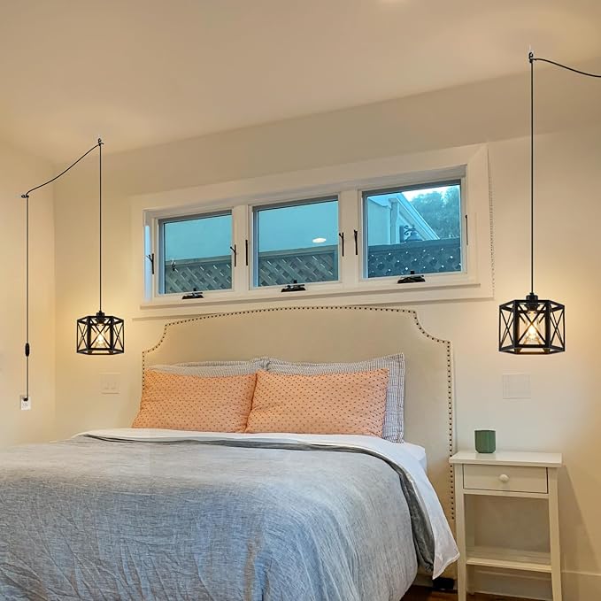 2 Pack Plug in Pendant Light, Farmhouse Black Hanging Lights with Plug in Cord, 16.4FT Hexagonal Metal Plug in Hanging Lamp Kit, Dimmable Ceiling Light Fixture for Kitchen Island Hallway