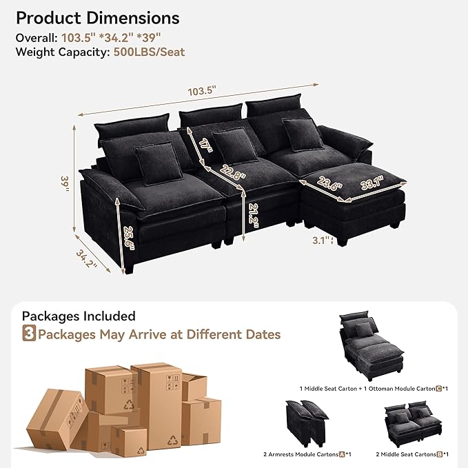 103'' Cloud Modern 3 Seater Couch with Detachable Headrest, Modular Sectional Sofa with Ottoman, Oversized L Shape Chenille Comfy Sofa with Armrests for Living Room, Dark Grey