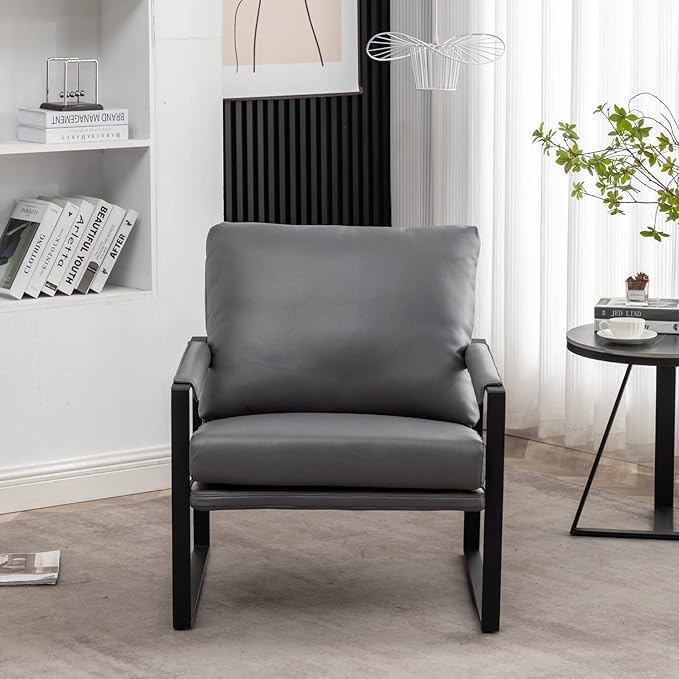 UNICOO Faux Leather Metal Frame Accent Chair - Modern Accent Chairs for Living Room, Bedroom, or Office - Armchairs Living Room Chairs Leisure Chair Reception Chair (ZKL-239K-DG Dark Grey)