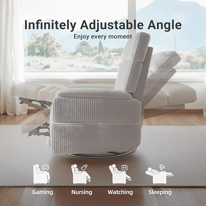Overized Power Swivel Rocker Recliner Chair,Comfy Corduroy Sofa Reclining for Adults,Adjustable Rocker Reclining Sofa Lounge with USB&Type-C Ports,Side Pocket, for Living Room,White