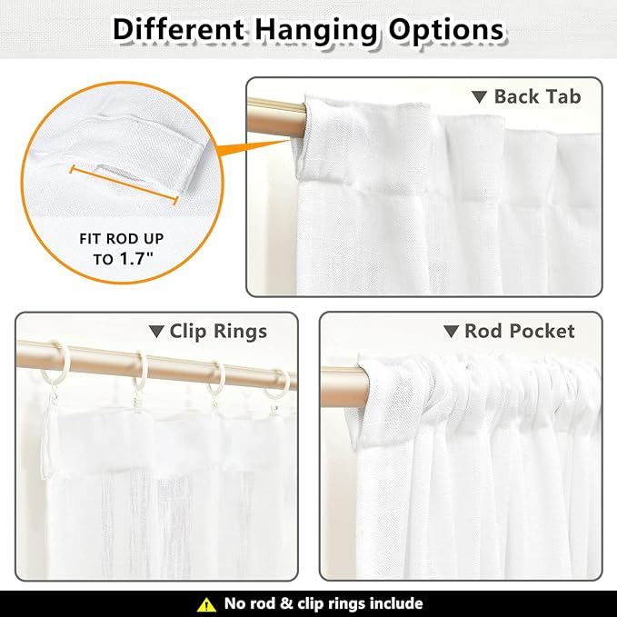 MYSKY HOME Short Curtains for Small Kitchen Windows 45 inches Length, Linen Look Curtain Drapes Cotton Polyester Blend, Soft Fabric Light Filtering Privacy Protect, 50 x 45 inches, White, 2 PCs