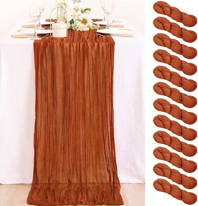 MLMC 12 Pack Terracotta Cheesecloth Table Runner 10ft Rustic Burnt Orange Fall Table Runner for Outdoor Picnic Gatherings Party Events Thanksgiving Decor