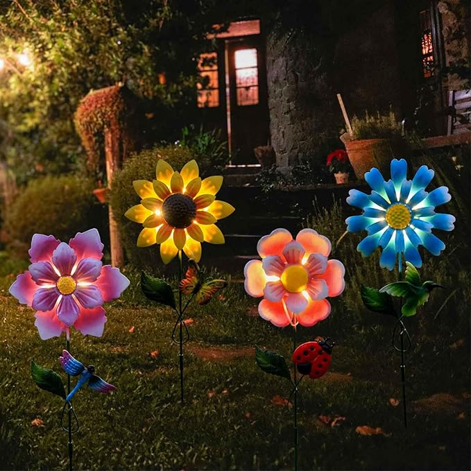 Solar Garden Stake Lights, Metal Flower Design, 4 Pc. Set for Outdoor Decor, Garden, Patio, Pathway