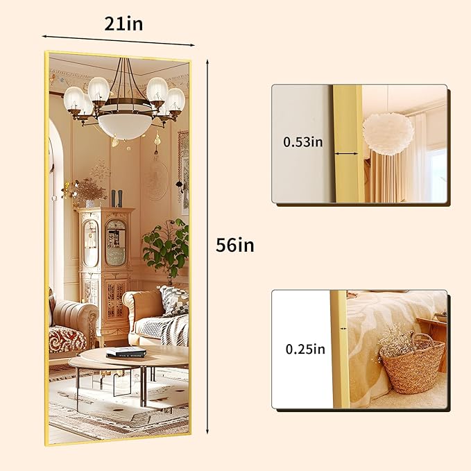 21"x 56" Rectangular Full-Length Mirror with Frame, Large Wall-Mounted or Leaning Floor Mirror for Bedroom, Entryway, and Living Room Décor, Modern Dressing Mirror for Home