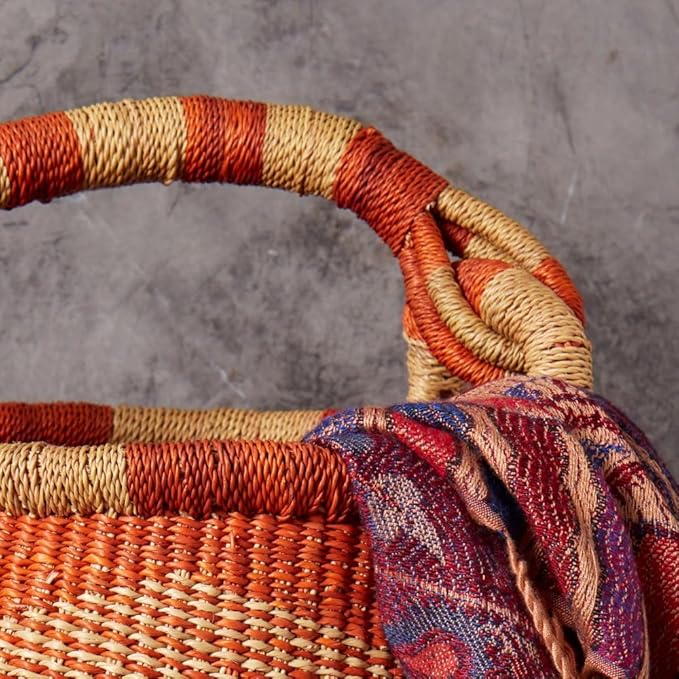 Home & Kitchen Decor, Wicker Basket, Picnic Basket, Living Room Basket, Organizing, Harvesting, Foraging, Fruit Storage, Hand Woven, Pot Shape, 16" Wide, Boho - Orange