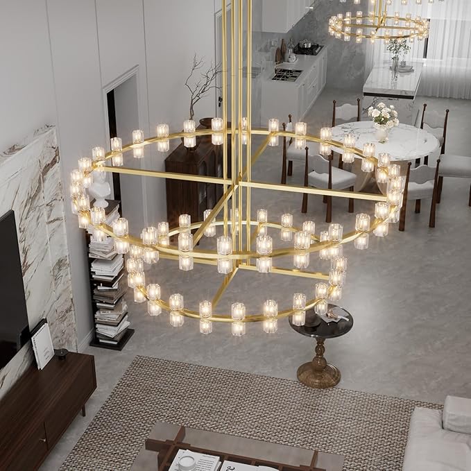 D48''+D60'' Gold Wagon Wheel Chandeliers 108-Lights Gold Round Chandelier Glass Chandeliers for Dining Room,Living Room Vintage Chandelier