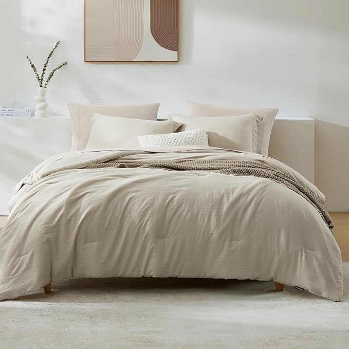 WRENSONGE Full Size Comforter Sets- 7 Pieces Soft Light Oatmeal Bed in a Bag with Fitted Sheet, Flat Sheet, 2 Pillow Shams, 2 Pillowcases, Warm Bedding Sets for All Season