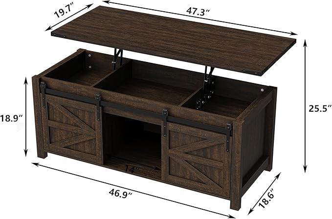 47.3'' Lift Top Coffee Table Rectangle Farmhouse Coffee Table with Storage Rustic Center Table with Sliding Barn Doors for Living Room, Home, Dark Brown