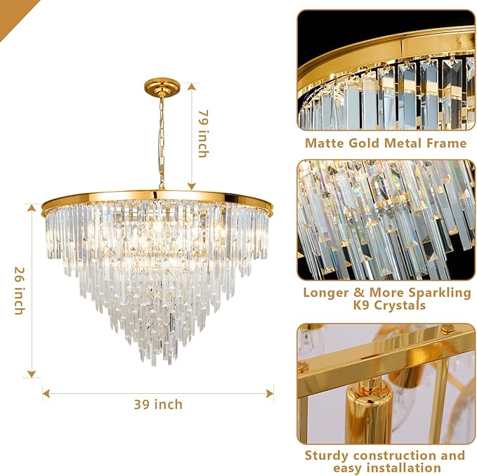 Gold Top K9 Crystal Chandelier Modern Lighting Fixture, 24 Lights Round K9 Crystal Adjustable Hanging Lamp for Dining Room Bedroom Living Room,Hallway,Bar,Kitchen W39''