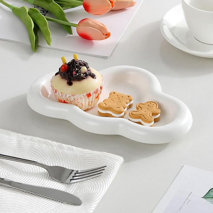 Ceramic Jewelry Tray, Cloud Trinket Dish for Necklace, Bracelet, Earrings, Perfume, Vanity, Key Bowl, Cute Ring Holder for Home Room Decor Aesthetic, Matte White