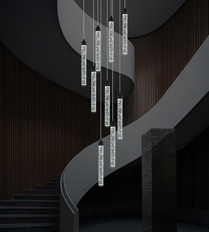 9-Lights High Ceiling Crystal Staircase Chandelier Black Pendant Lights Modern Spiral Raindrop Dimmable LED Bubble Cluster Ceiling Hanging Lighting Fixture for Foyer Living Room Remote Control