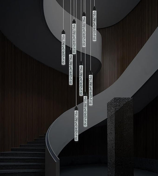 9-Lights High Ceiling Crystal Staircase Chandelier Black Pendant Lights Modern Spiral Raindrop Dimmable LED Bubble Cluster Ceiling Hanging Lighting Fixture for Foyer Living Room Remote Control