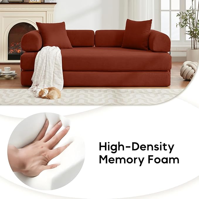 Convertible Sleeper Sofa Bed with Cylindrical Pillow, Corduroy Folding Boneless Couch with Fixed-Shape Frame, Floor Sofa Lounge Couch for Living Room Bedroom Lounge Studio-Ancora Red
