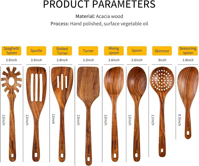Wooden Spoons for Cooking, 8 PCS WOSPONFAN Kitchen Utensils Set, Wooden Utensils for Cooking - Wooden Spoons, Spatula Set, Slotted Spoon, Handmade Acacia Wooden Spoon Set