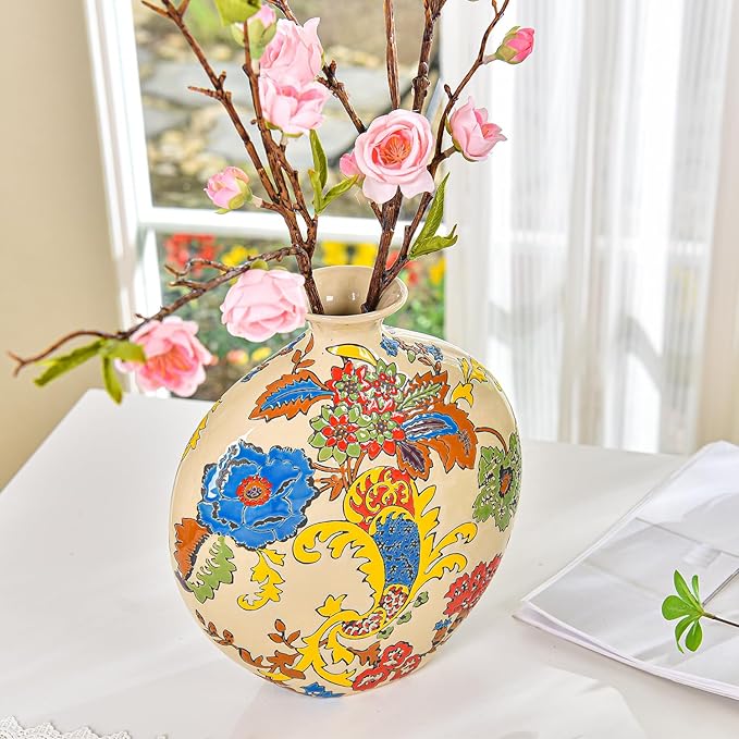 Sungmor High-Class Enamel Painted Porcelain Vase, Traditional Hand-Carved Overglaze Color Ceramic Vase for Fresh Flowers Dried Plants Arrangement, Decorative Vase for Centerpieces, Shelf, Living Room