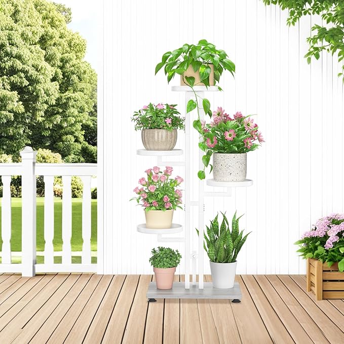 LASZOLA White 4 Tiered Plant Stand Indoors Heavy Duty Metal Rack, Sturdy Multi Level Shleving Hold Flowers, Larger House Decorate Ladder for Planting Inside Tree Herb Cactus, Wooden Base, Space Saving