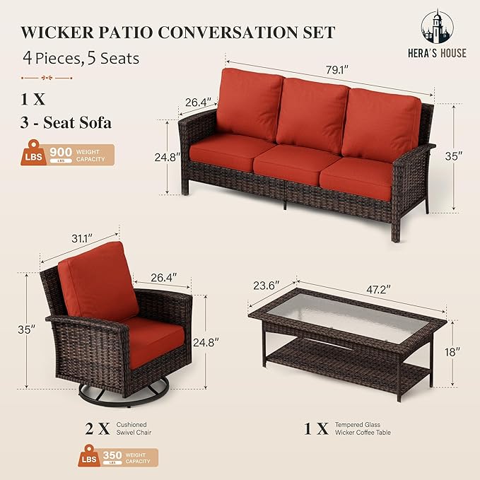 HERA'S HOUSE Red Patio Furniture Set, 35" High Back Swivel Chairs with 5.5" Waterproof Cushions, 4 Pieces Wicker Rattan Outdoor Conversation Sofa Sets for Deck Lawn Yard