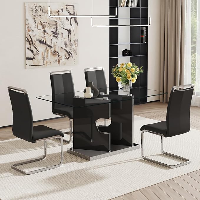 Glass Dining Room Table Set for 4,Dining Table Set for 4 with PU Leather Chairs,Retangular Dining Table with MDF Table Legs and Sliver Base for Dining Room