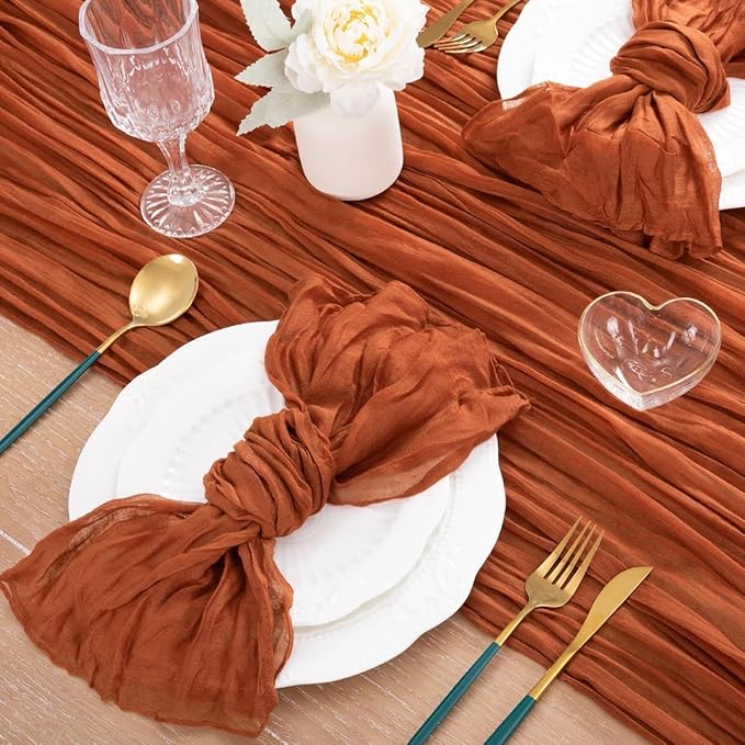MLMC 8 Pack Terracotta Cheesecloth Table Runner 10ft Rustic Burnt Orange Cheese Cloth Fall Table Runner 35 x 120 inches for Wedding Bridal Shower Birthday Pinic Party Thanksgiving Decor