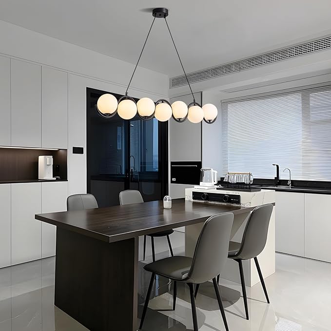 Black Chandelier 7 Light mid-Century Glass Bubble Chandeliers Globe Pendant Light Linear Dining Room Chandelier for Kitchen Island Living Room,Bedroom Room,Hallway.