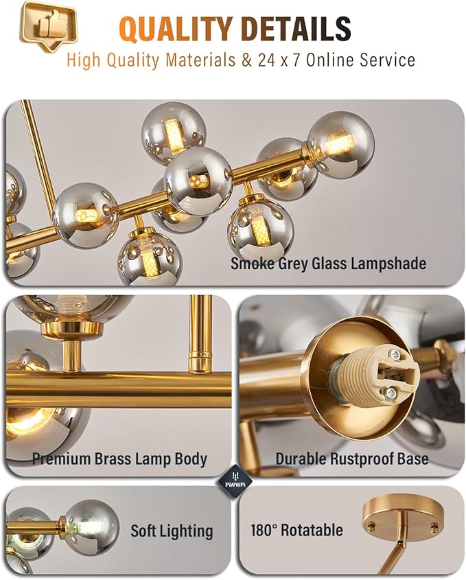 Glass Globe Sputnik Chandelier, 16-Light Mid Century Modern Light Fixture Over Table, Linear Chandeliers for Dining Room, Kitchen Island, Brass Gold and Smoke Grey Bubble, 40 Inch, GC-02