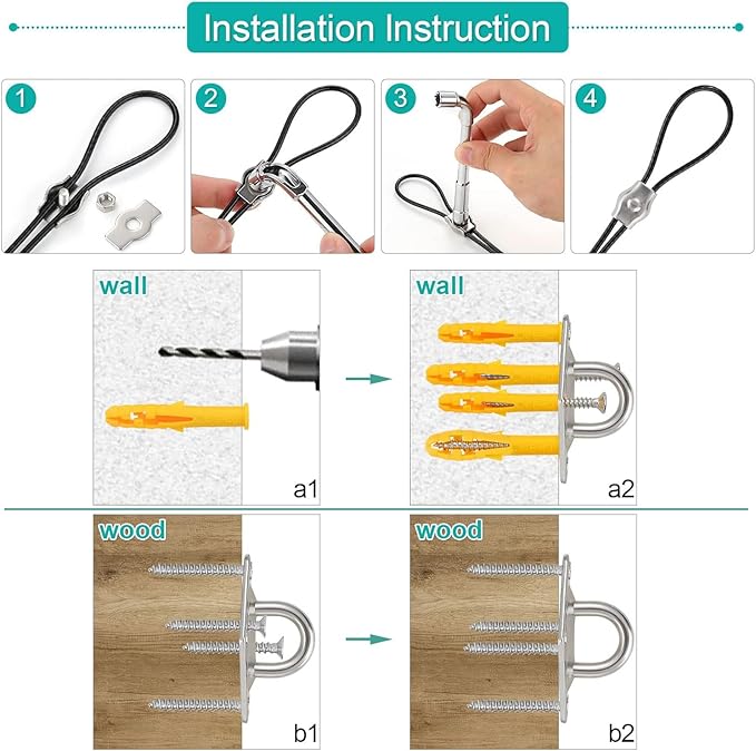 Shade Sails Installation Kits,Sun Shade Sail Hardware Kit with 4pcs 10ft Length Extension Nylon Wire Rope,Shades Awning Kit for Triangle Rectangle Shade Canopy,304 Stainless Steel, Patio Outdoor