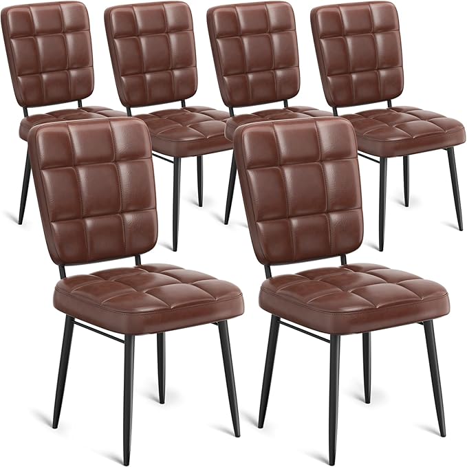 Leather Dining Chairs Set of 6, Upholstered Dining Room Kitchen Chairs with Thick Cushion, High Backrest, Metal Legs, Mid Century Modern Side Chair for Home Living Room Cafe Restaurant, Brown